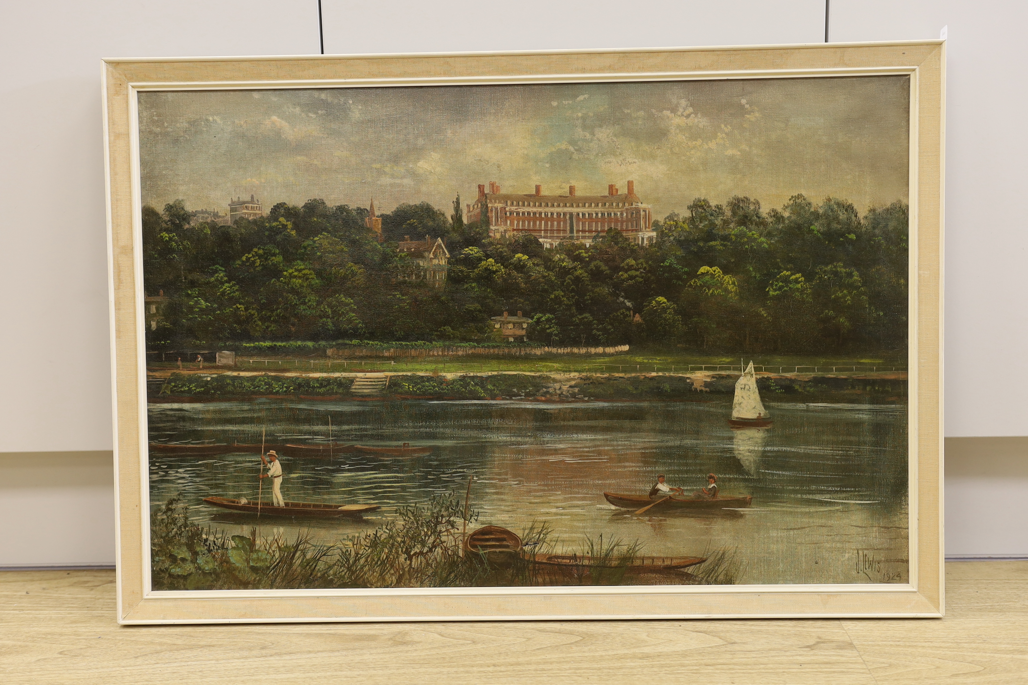 James Isaiah Lewis (1860-1934) oil on canvas, Thames boating scene, signed and dated 1924, 75 x 49cm
